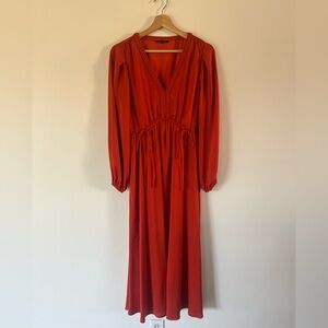 Kobi Halperin Orange Satin Long Sleeve V-Neck Braided‎ Midi Dress Size Small